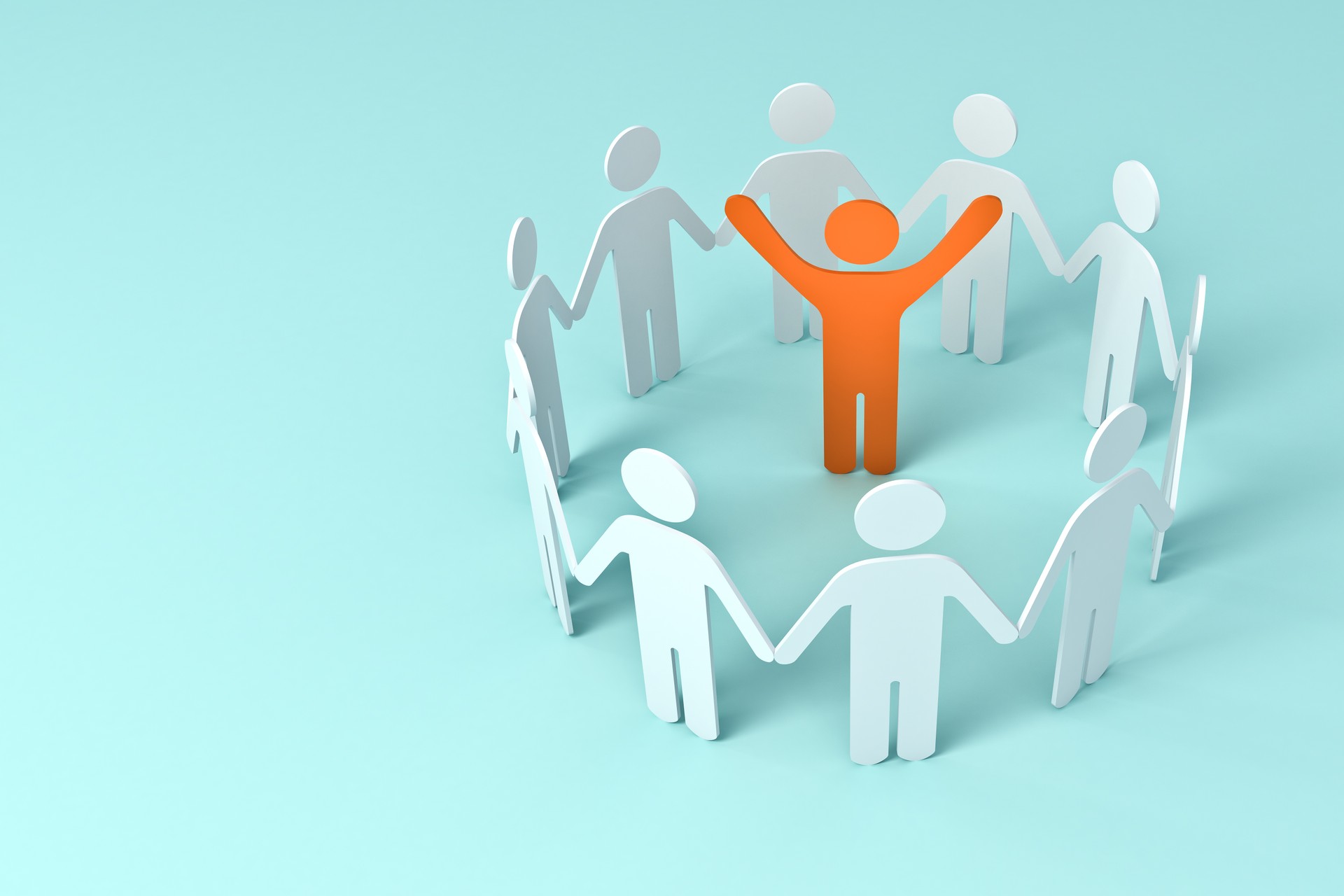 Group of people holding hands with one leader orange man in center of the circle business concepts on blue pastel color background